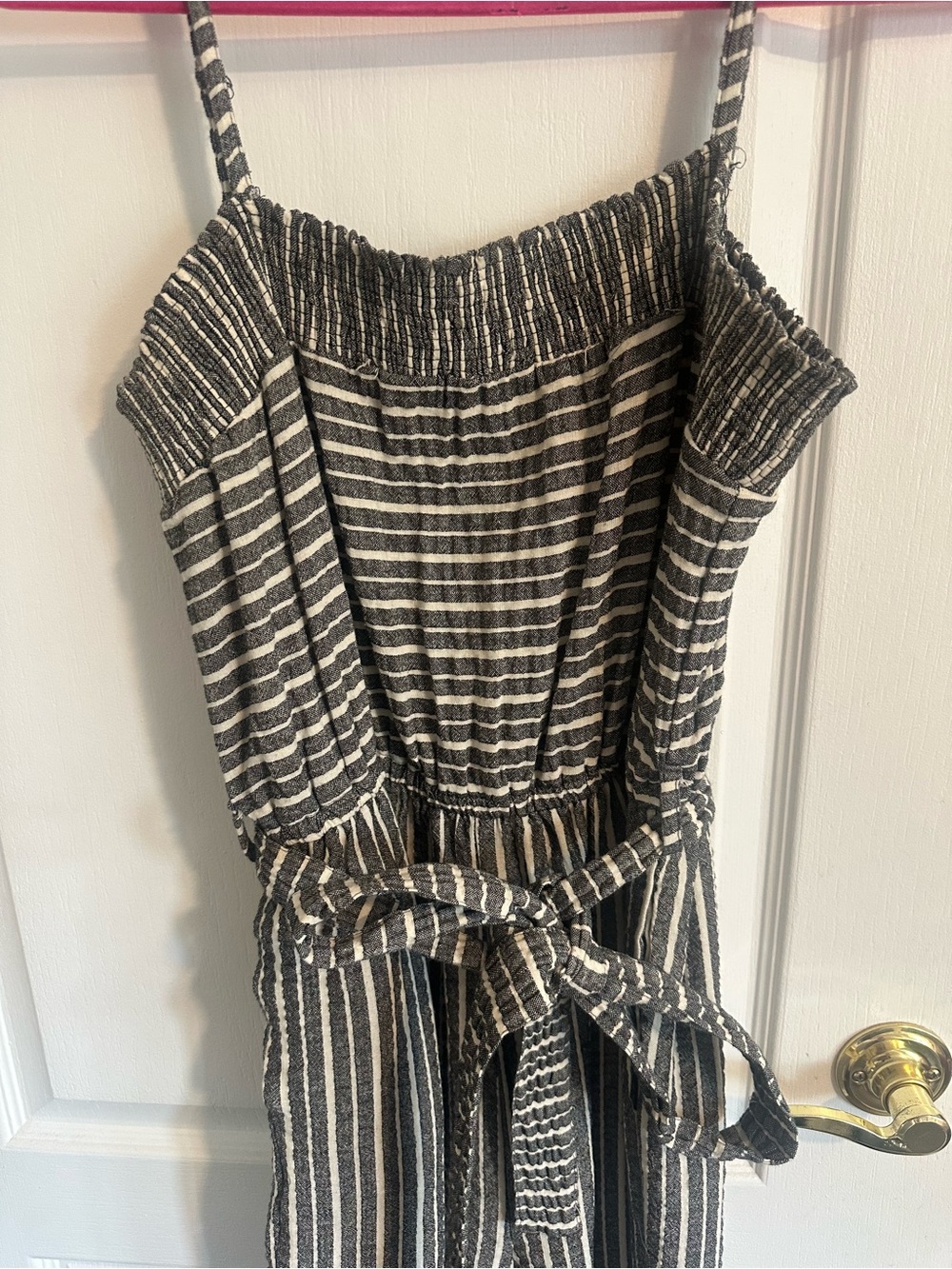 Striped Grey & White Jumpsuit with Tie Waist